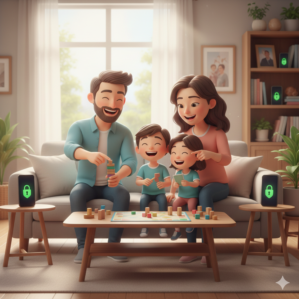 A warm family illustration representing healthy screen-time routines